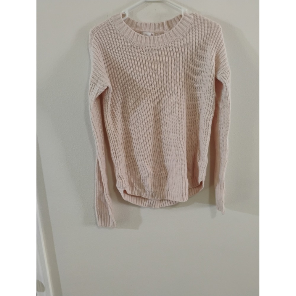 SO Womens XS Light Pink Shaker Ribbed Knit Crew Neck Sweater Curved Hem Pullover